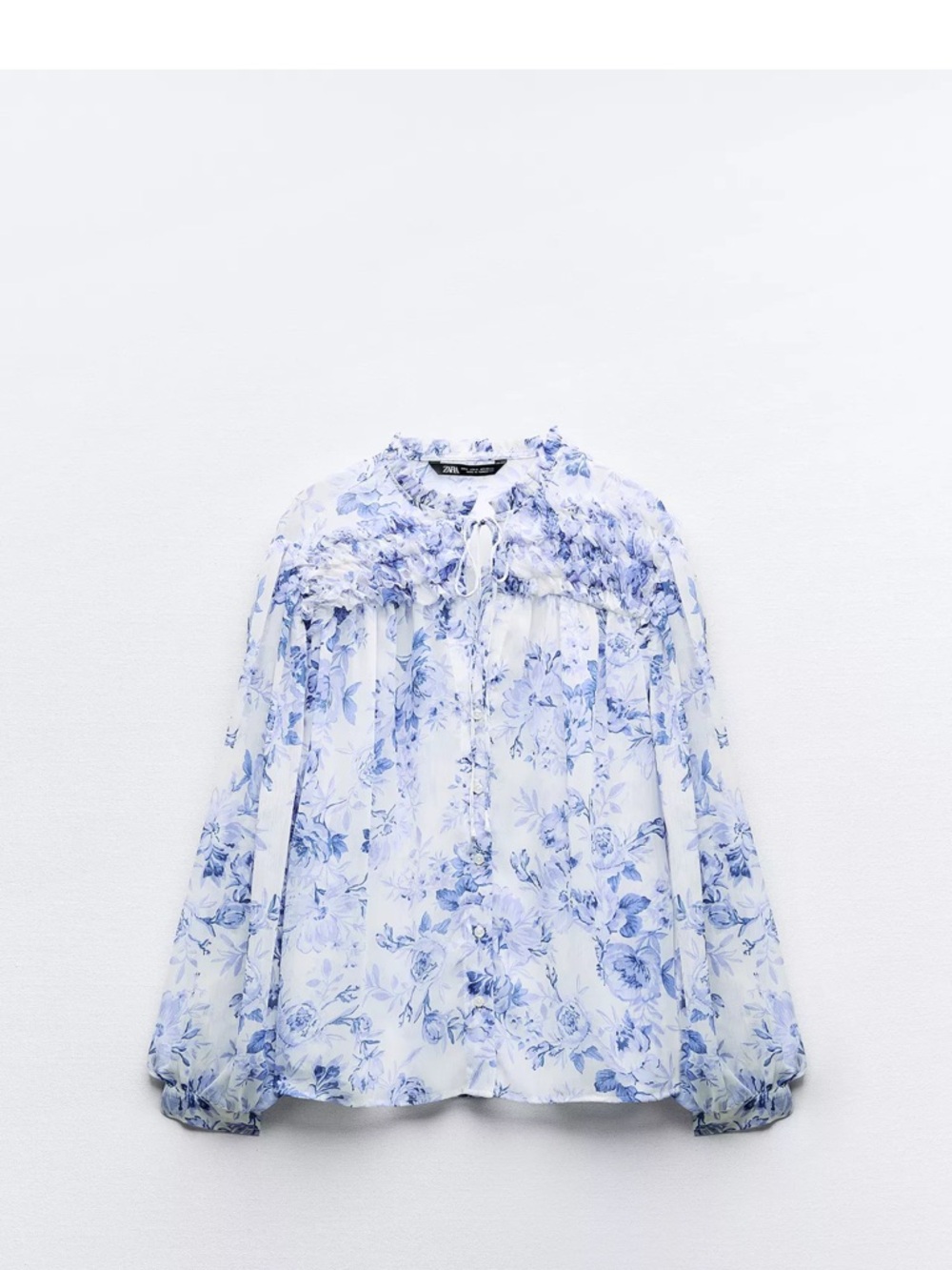 Zara Blue and White Floral Smocked-Yoke Blouse